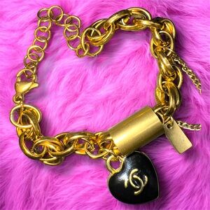 Handmade Repurposed Designer Heart Charm Bracelet – Gold & Black